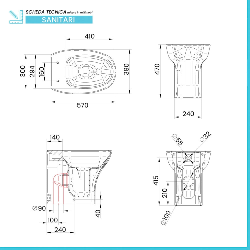 Wc filomuro in ceramica bianco h 47 con scarico universale Evolution Sanitosco