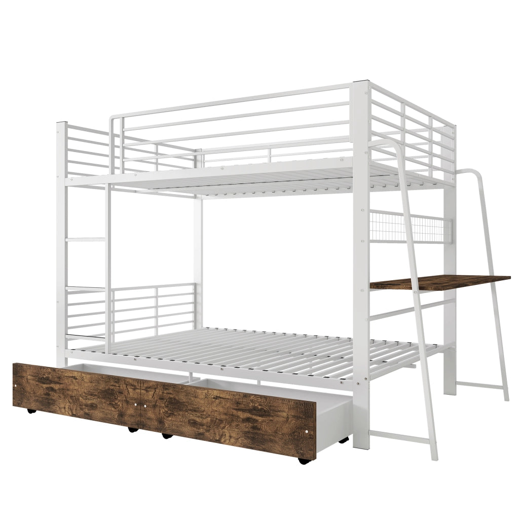Letto a soppalco 140 × 200 cm con scrivania LED RGB prese USB Type-C 2 cassetti in metallo e MDF bianco opaco