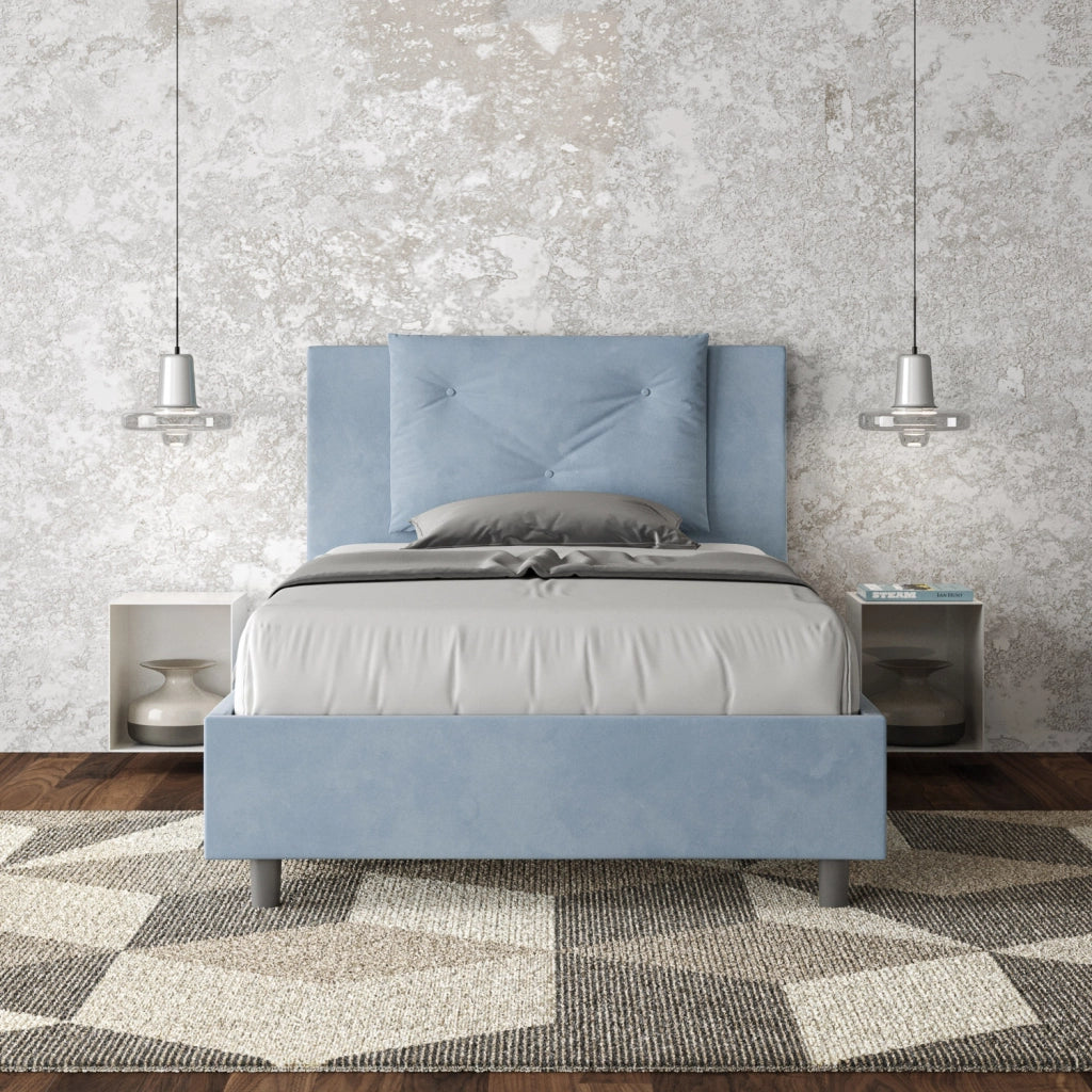 BS COM Letto una piazza e mezza con rete imbottito 110x190 microfibra azzurro