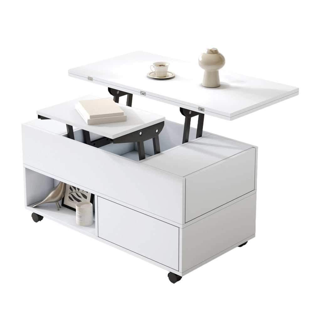 Tavolino da salotto elevabile 100x50 cm con 4 cassetti e ruote bianco HOMVRA