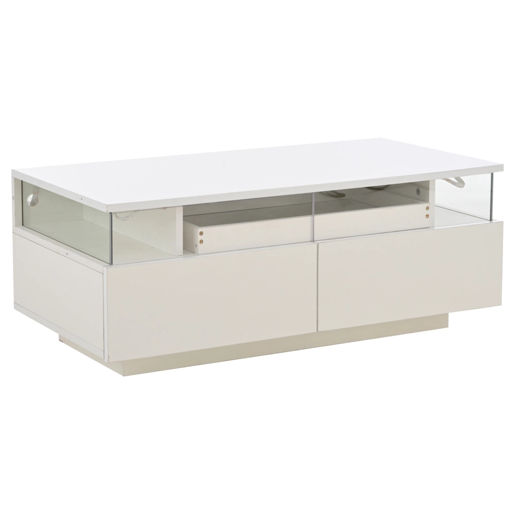 Tavolino da salotto bianco lucido 90x45x35,5 cm con 2 cassetti in acrilico, vetrate laterali in vetro temperato, ripiano estraibile e illuminazione LED controllabile via app