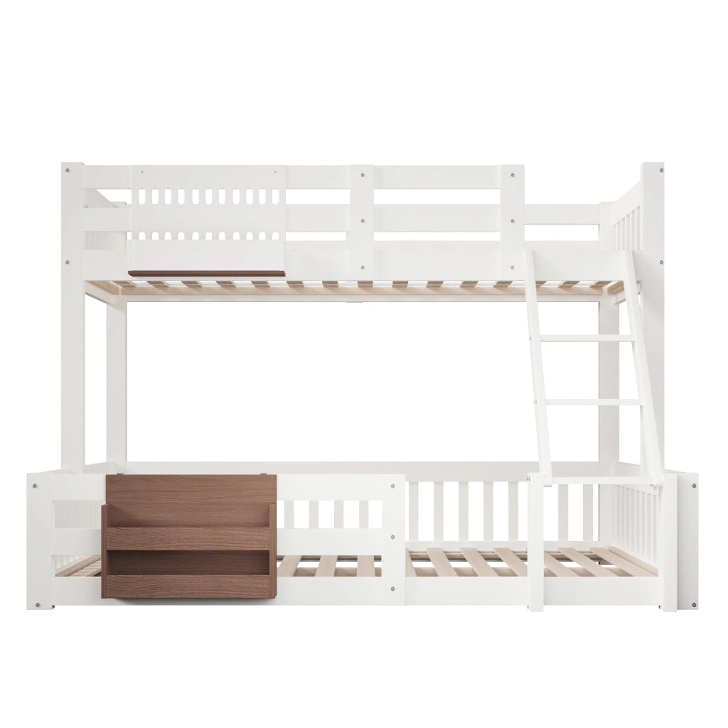 Letto a castello 3 posti 90 x 200 e 140 x 200 cm con contenitori e scaletta, letto per bambini bianco in pino, MDF e metallo con sponde di sicurezza