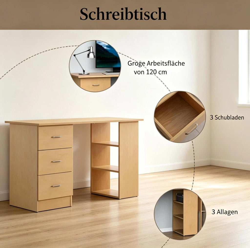 Scrivania ULEVR 120x49x72 cm con 3 cassetti e 3 ripiani reversibili, effetto legno chiaro