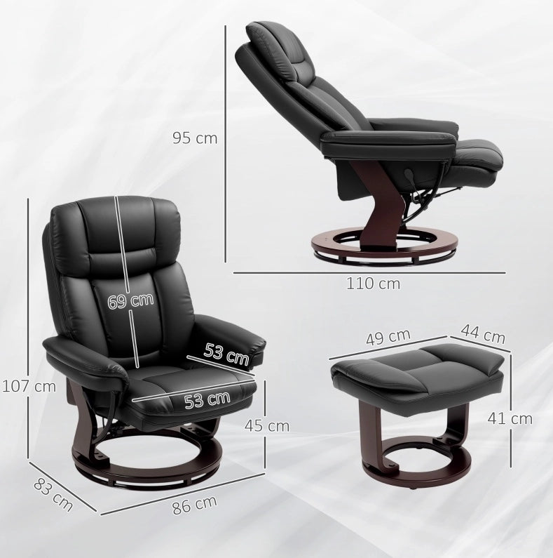 Poltrona relax girevole a 360° con poggiapiedi in similpelle nera, funzione reclinabile fino a 130° per soggiorno