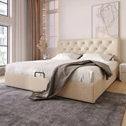 Letto contenitore 140x200 cm con testiera regolabile e materasso incluso; lino; naturale