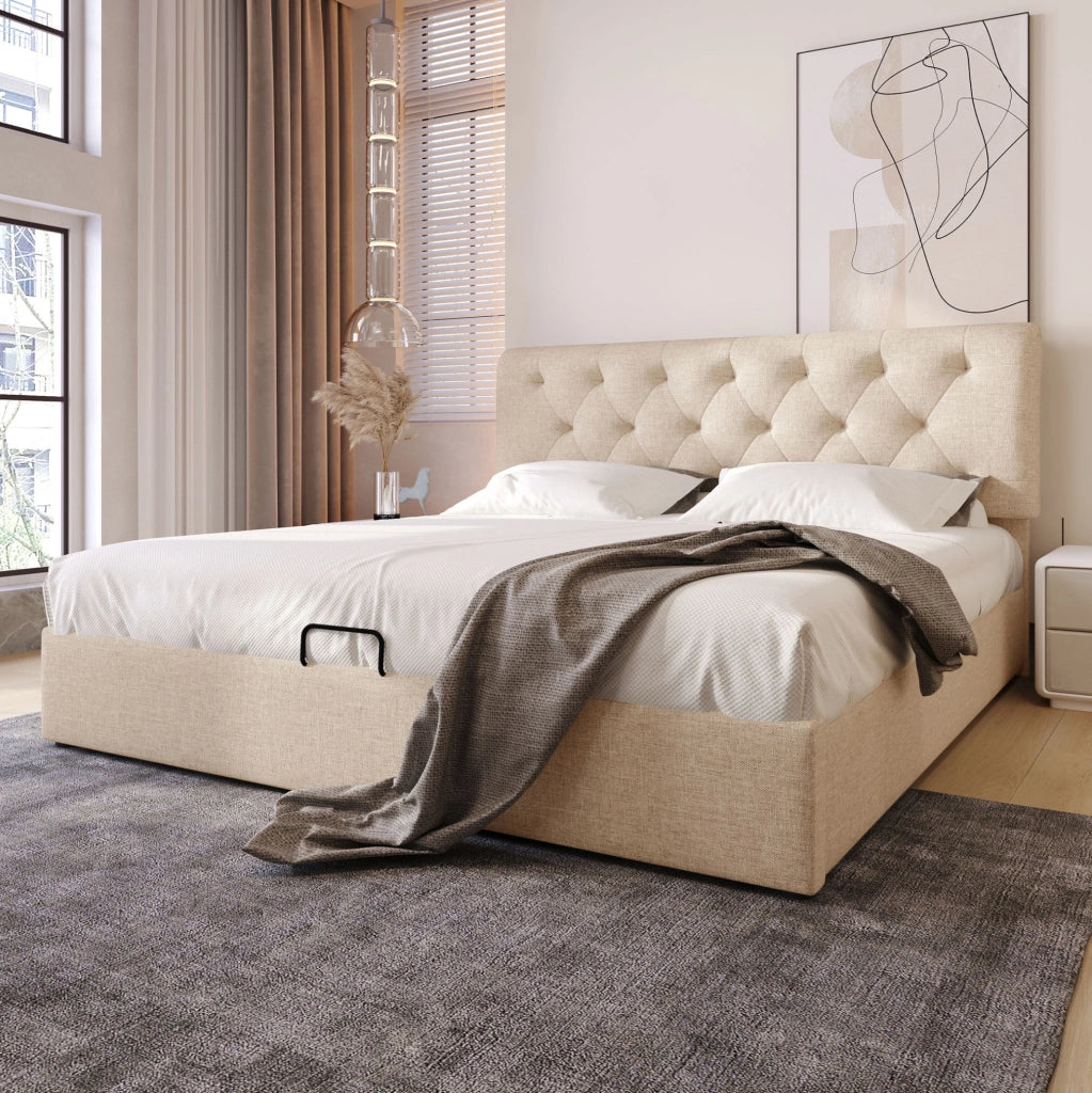 Letto contenitore 140x200 cm con testiera regolabile e materasso incluso; lino; naturale