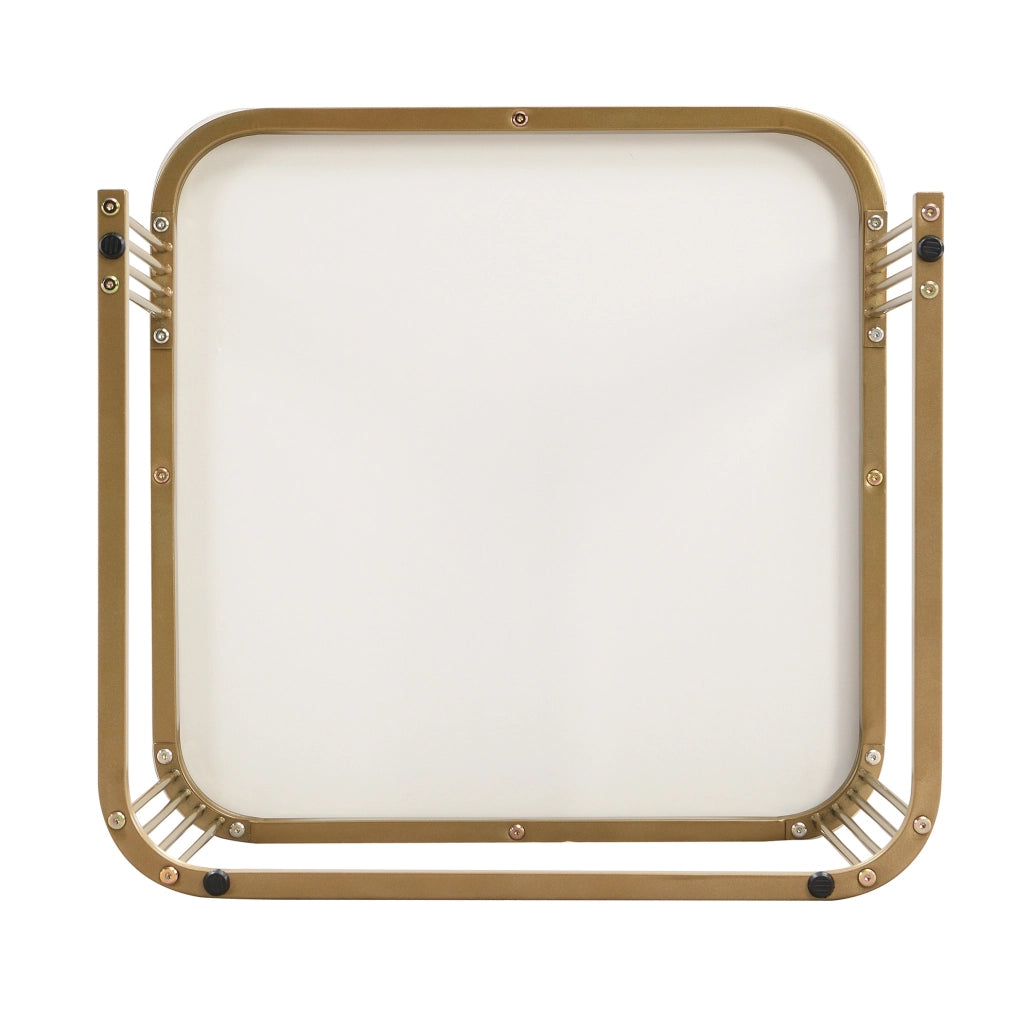 Set di Tavolini Impilabili con Aspetto Marmo Lucido e Accenti Dorati, Tavolino con Cassetto, Bianco e Oro