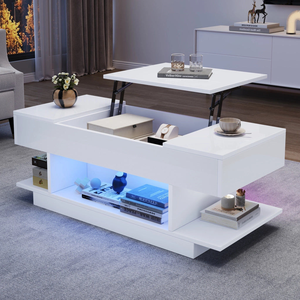 Tavolino da caffè con piano sollevabile e LED; 98 x 45 x 40 cm; truciolare bianco