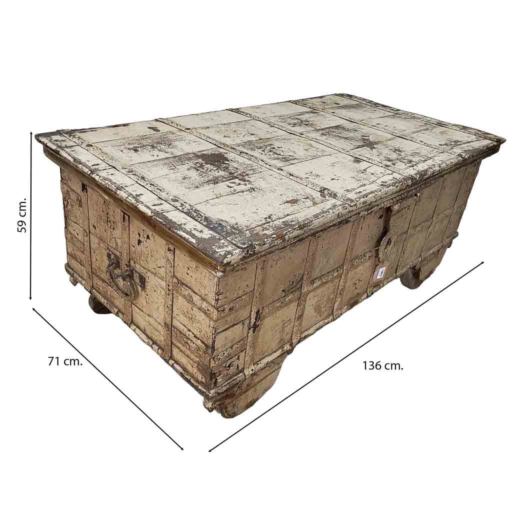 Tavolo contenitore in legno con finitura marrone artigianale, 136x71x59h cm
