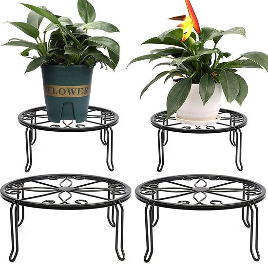 Stand per piante in stile retro - 4 pezzi di supporto per vite - disegno di fioriera - sedile in ferro battuto per fiori - cassa per piante per interni ed esterni - nero