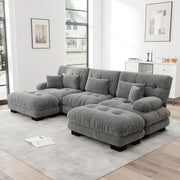 Divano componibile modulare a U in chenille grigio con ottomane mobili e cuscini per il salotto