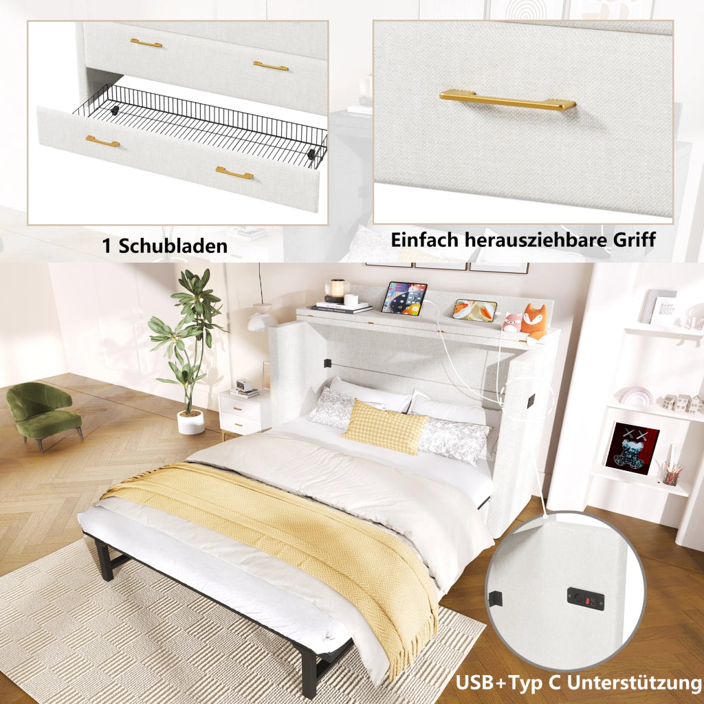 Letto a Scomparsa 140x200 cm in Lino con Cassetto; USB-C e Modulo Contenitore Mobile; Beige