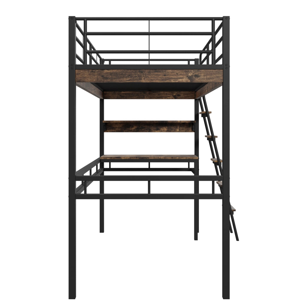 Letto a soppalco 90x200 cm con scrivania e ripiani in metallo e MDF nero
