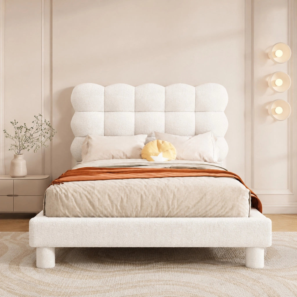 Letto imbottito 90x200 cm con testiera regolabile a 3 livelli; in plush e MDF; bianco