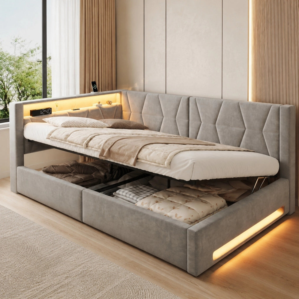 Letto imbottito con contenitore 140 x 200 cm in velluto grigio scuro; LED; USB e Type-C