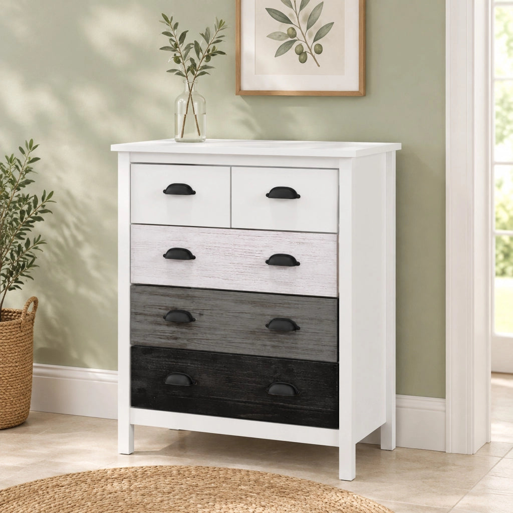 Cassettiera bianca con 5 cassetti e dispositivo anti-ribaltamento 70x38x85 cm per soggiorno e camera da letto