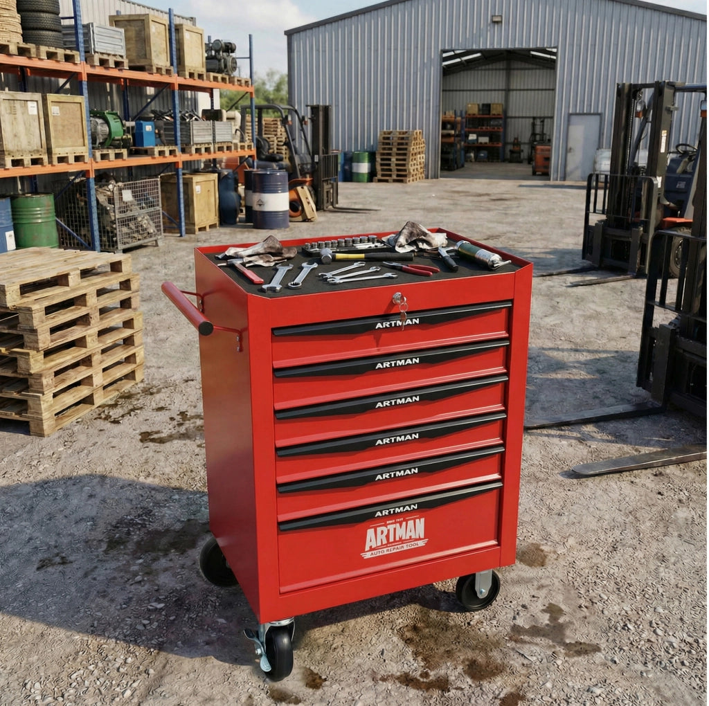 Carrello porta attrezzi in acciaio con 6 cassetti e ruote, 60x33x77,5 cm, rosso e nero