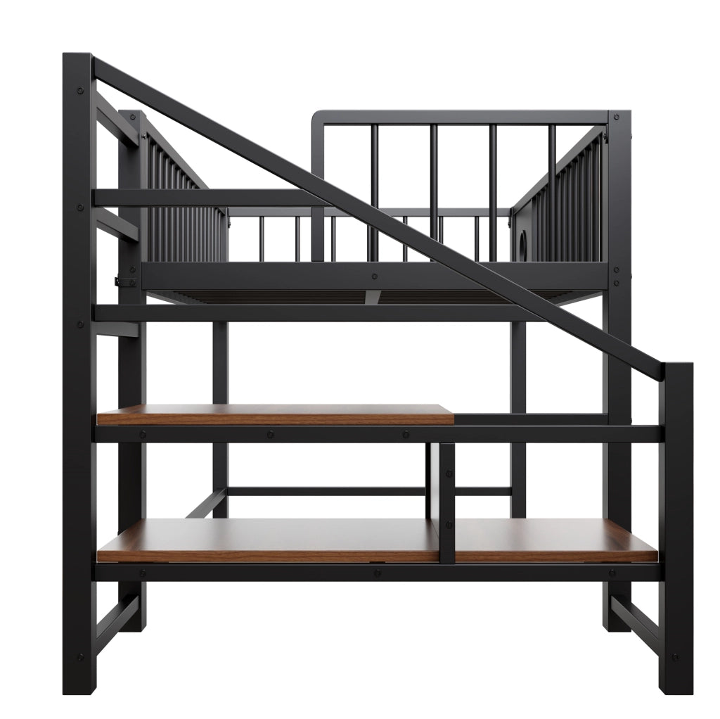 Letto a soppalco basso per bambini 90x200 cm con struttura metallica nera e scala contenitore