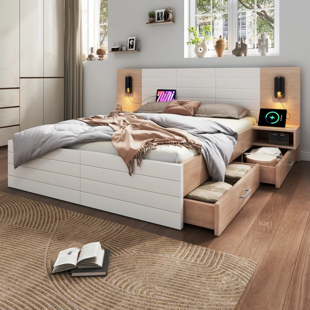 Letto matrimoniale 160 x 200 cm con cassetti, luce orientabile e USB