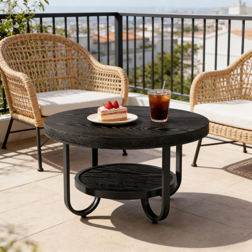 TAVOLINO DA CAFFÈ rotondo 79 cm 2 ripiani nero MDF e metallo