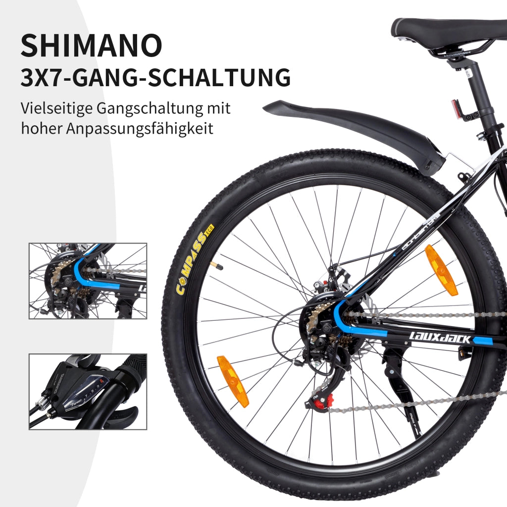 Mountain bike a 21 velocità con forcella ammortizzata e manubrio antiscivolo in ferro blu per adolescenti e adulti