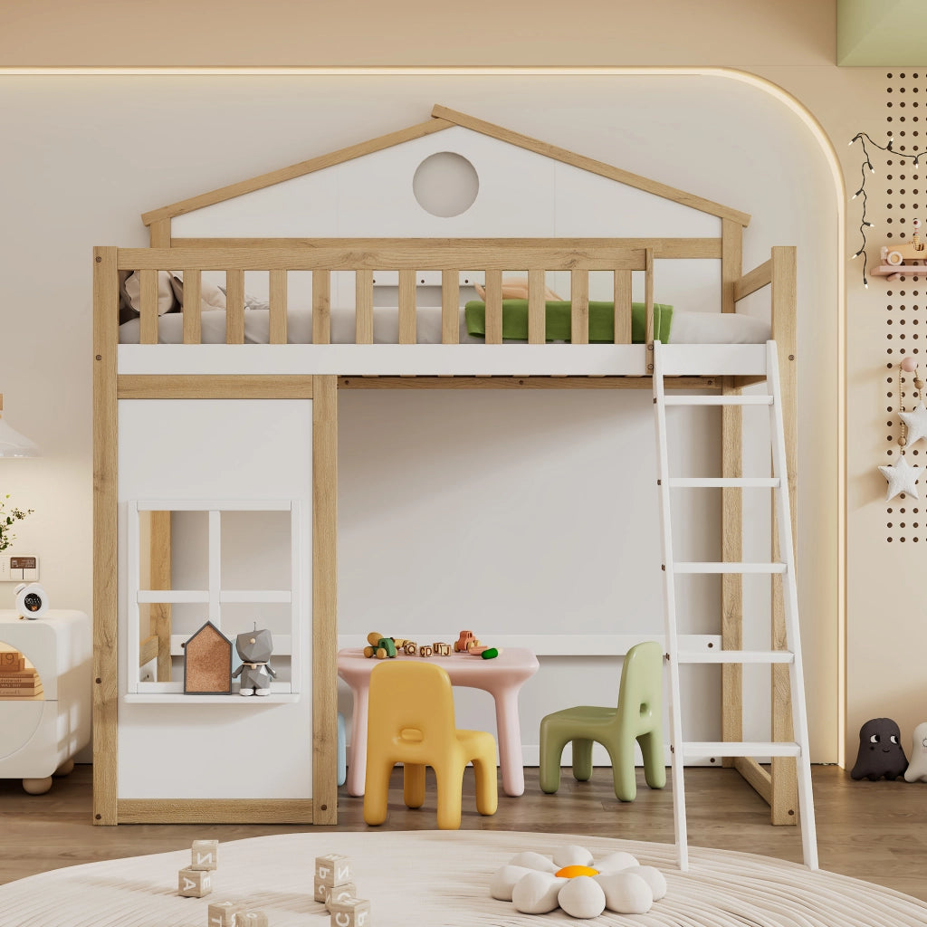 Letto a castello per bambini 90 × 200 cm con scala protezione anticaduta legno bianco e naturale con tetto
