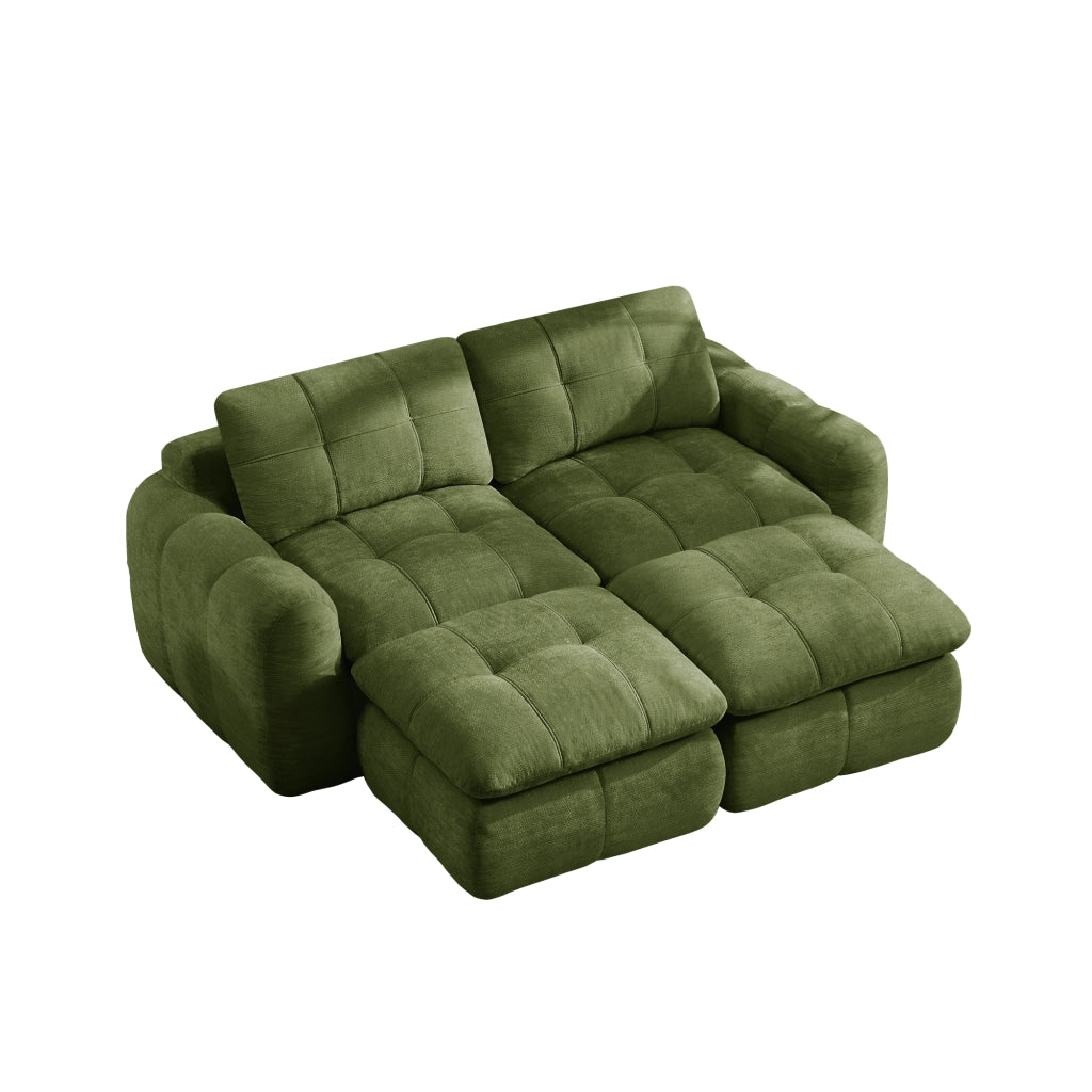 Divano modulare senza struttura in chenille verde; 194 x 160 x 68 cm; seduta ampia e profonda