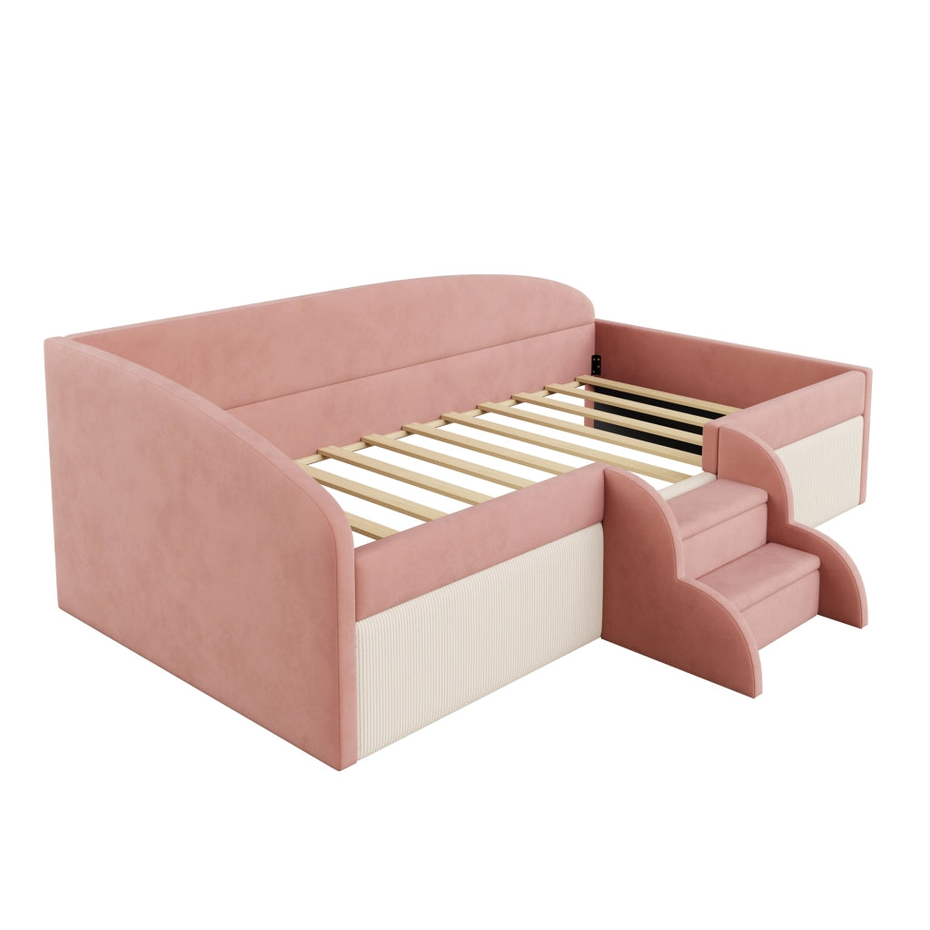 Letto imbottito 90 × 190 cm con sponde laterali; gradini doppi antiscivolo; rete a doghe e rivestimento in velluto