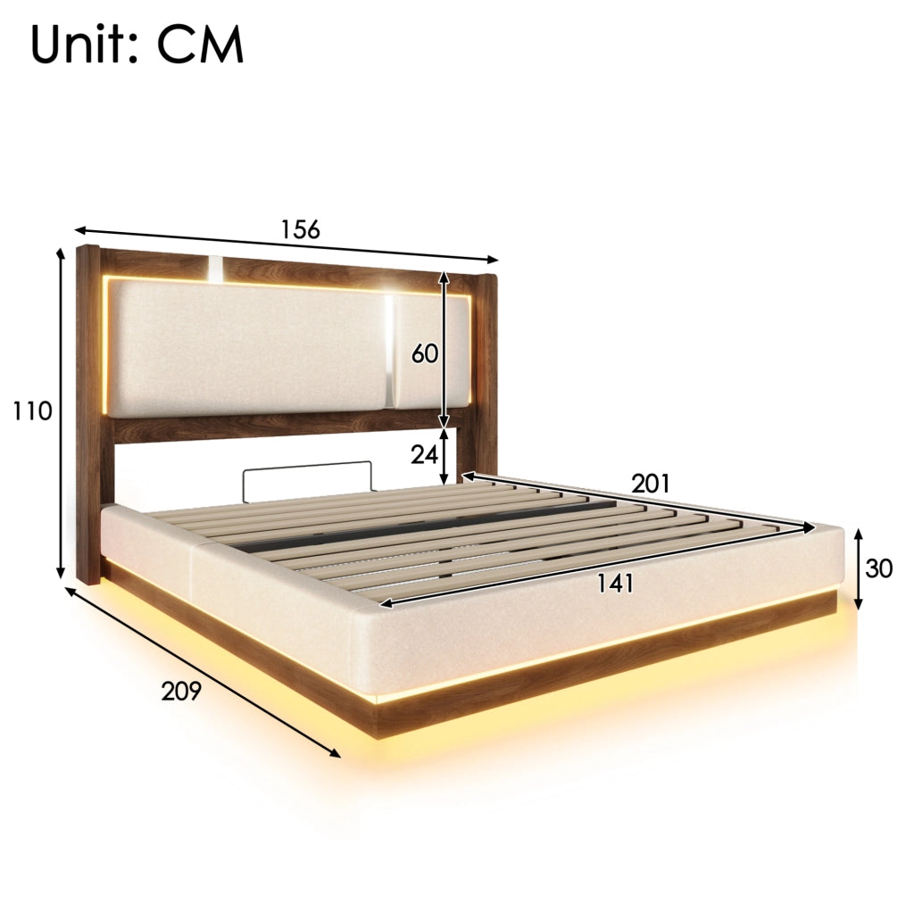 Letto matrimoniale 140x200 con contenitore idraulico, LED, rete e testiera imbottita beige