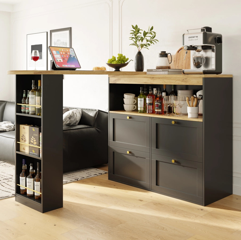 Mobile modulare nero in MDF con 4 cassetti e ripiano laterale girevole a 360°