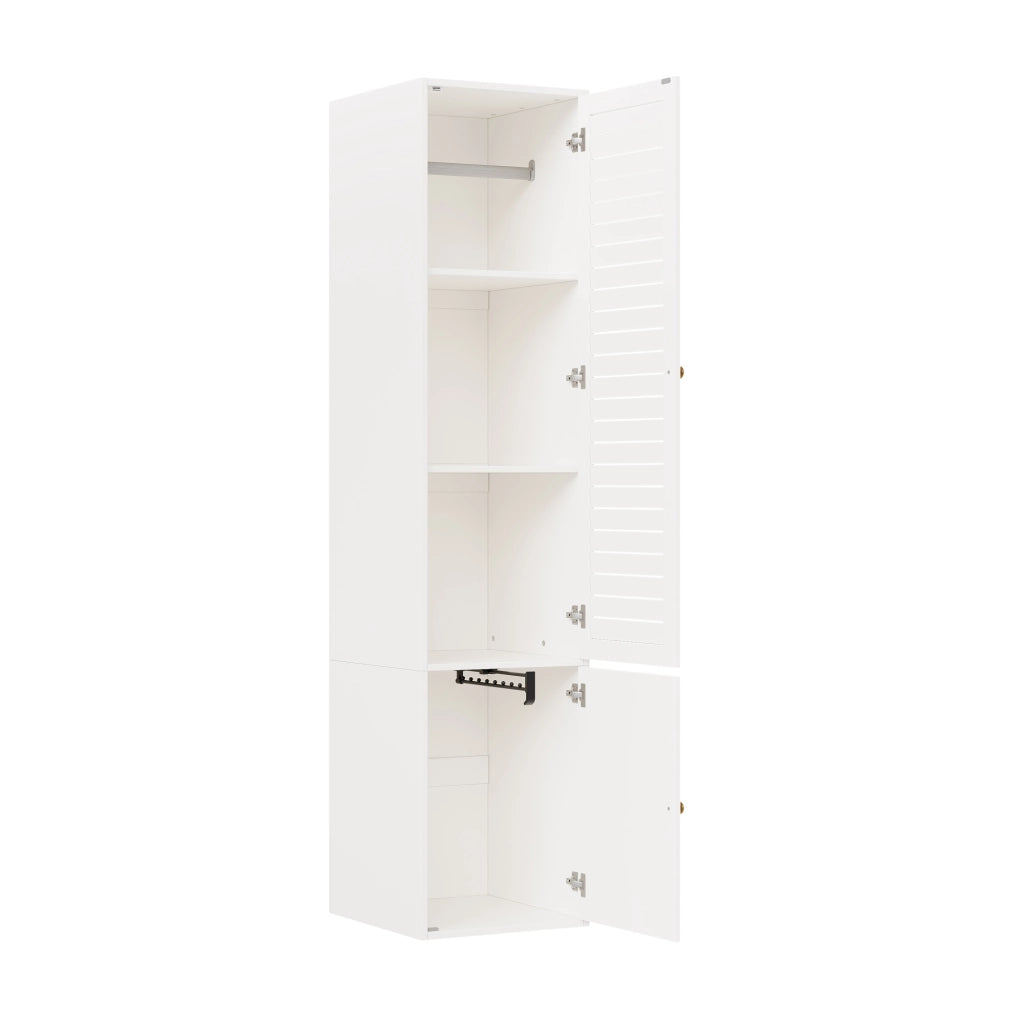 Guardaroba singolo con anta a lamelle, 45x50x200 cm, bianco, con 1 asta appendiabiti e 3 ripiani, design a battente