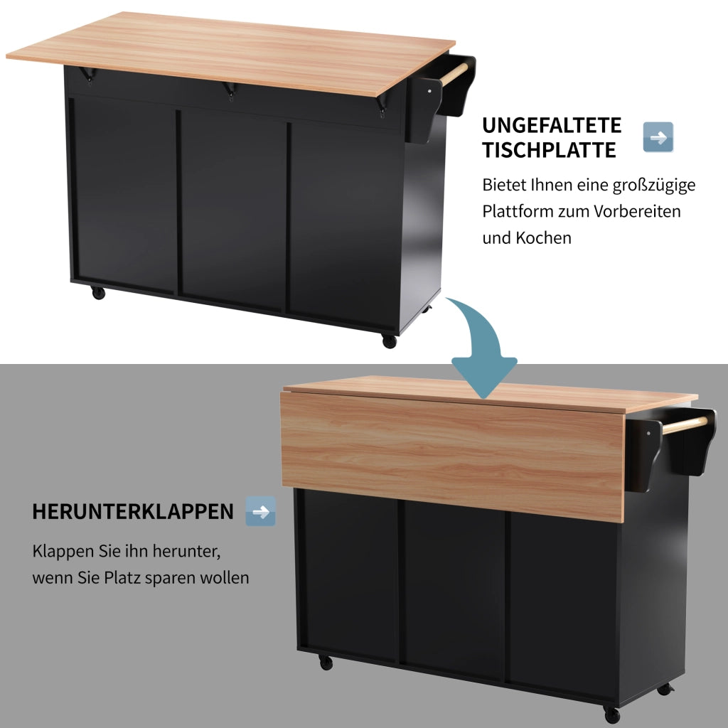 Carrello da cucina con 2 cassetti, ripiani regolabili, portasciugamani e piano pieghevole, nero, 129 × 71 × 91,5 cm
