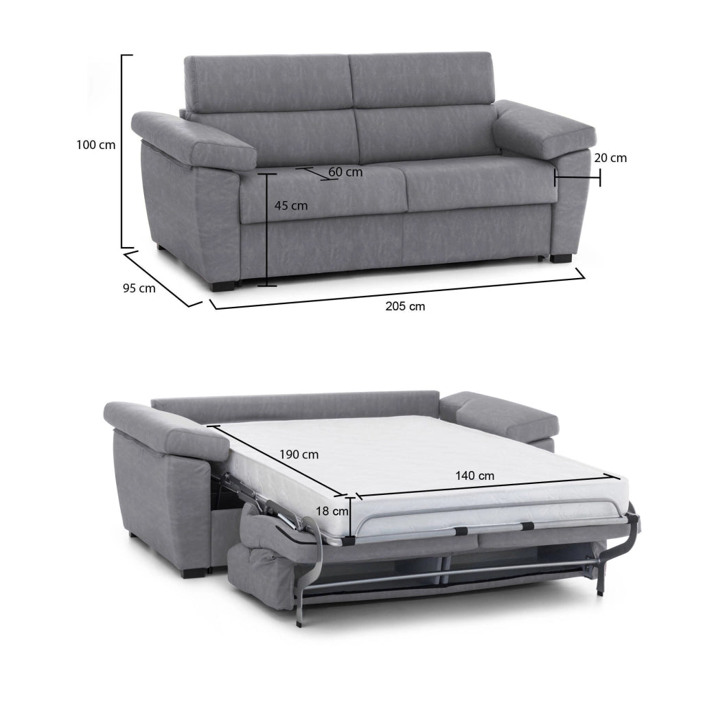 Contrada, Divano Letto 2 Posti Sfoderabile Made in Italy, 205x95 cm Grigio