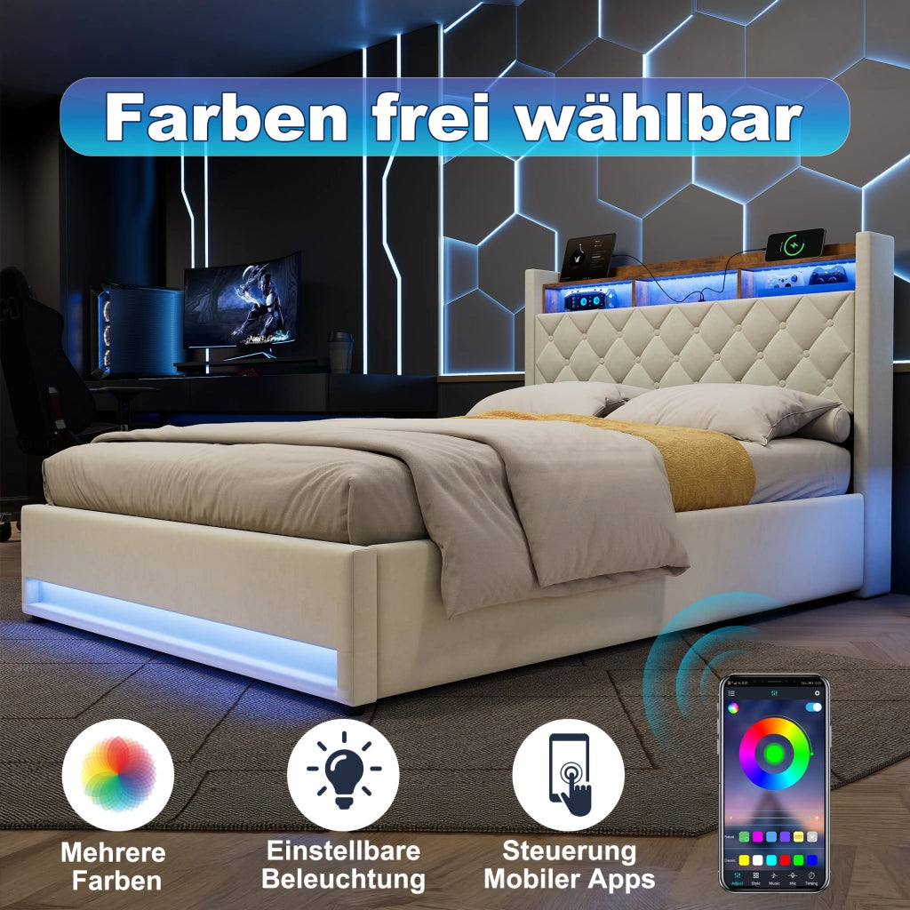 Letto contenitore imbottito 140x200 cm con luce LED; presa elettrica e porta USB; velluto; beige; senza materasso