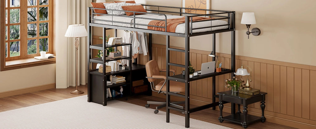 Letto a soppalco 90 × 200 cm con scrivania prese USB scaffali struttura in metallo e MDF nero