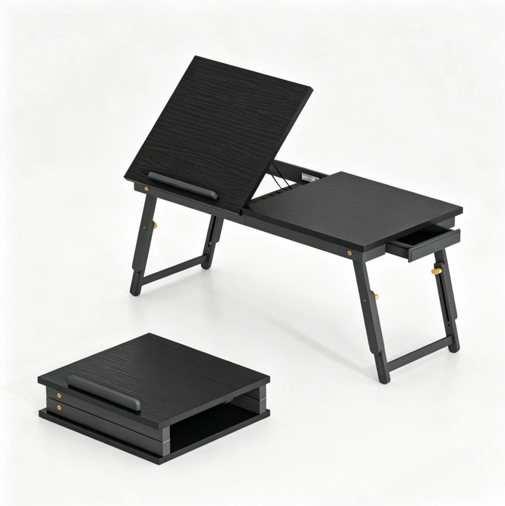 Tavolino portatile per letto regolabile e pieghevole in bambù e MDF nero HOMVRA