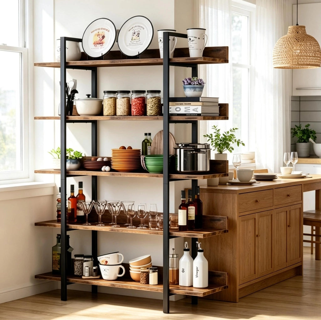 Libreria a 5 ripiani 105x33x180 cm in metallo e legno nero e marrone