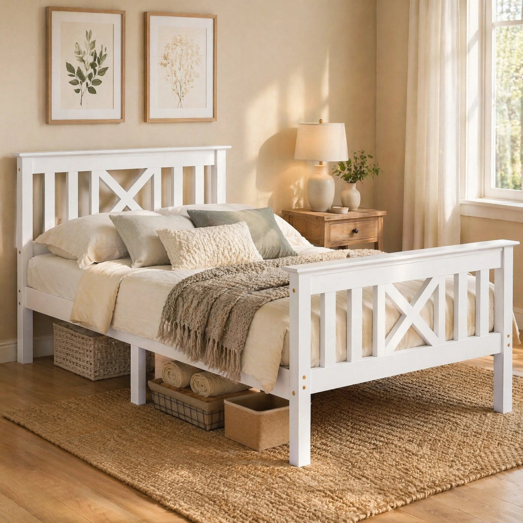 Letto singolo con testiera a X 90x200 cm in legno massello bianco