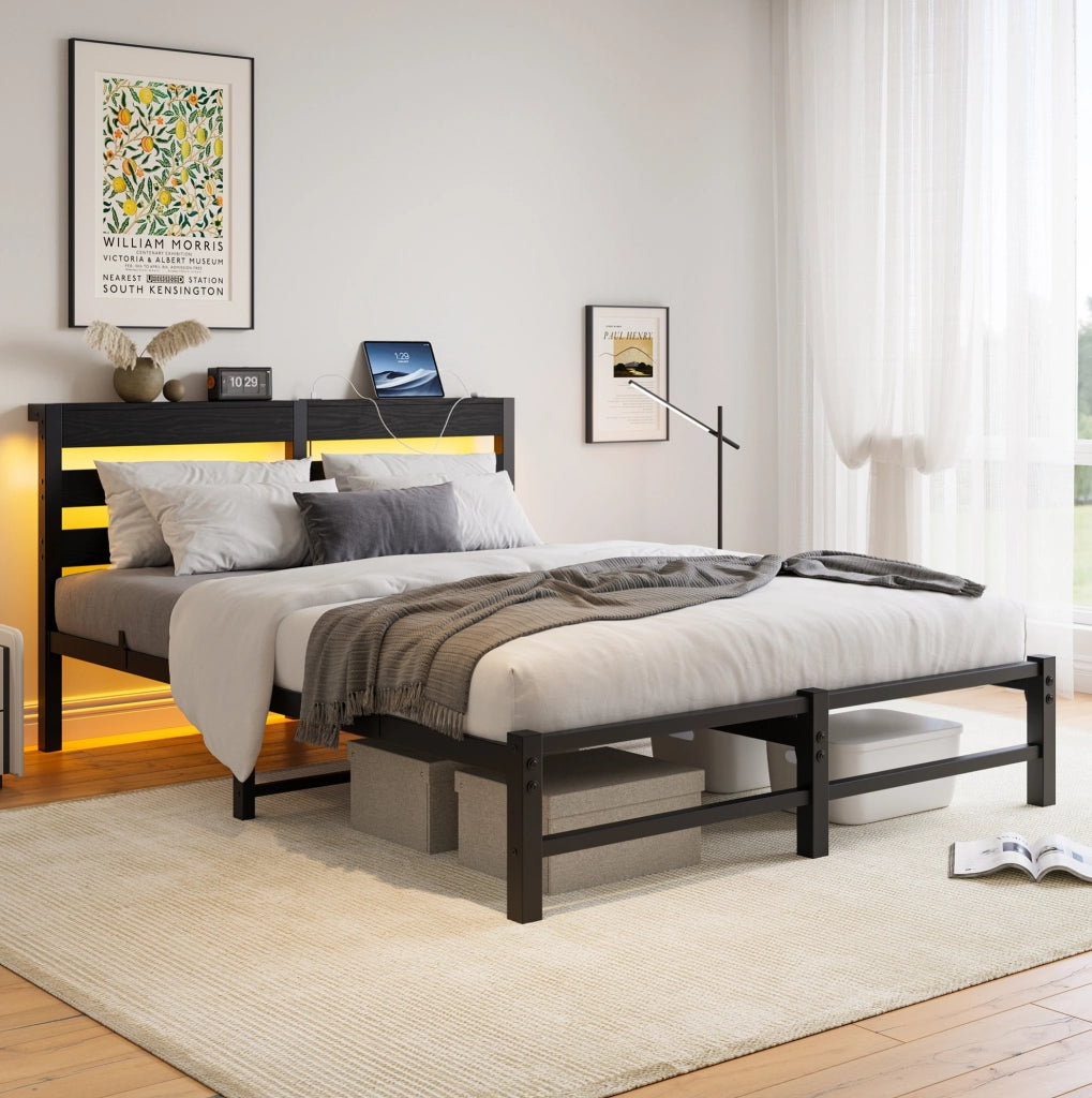 LETTO 140x200 cm in Metallo Nero con LED RGB, USB e spazio sotto letto