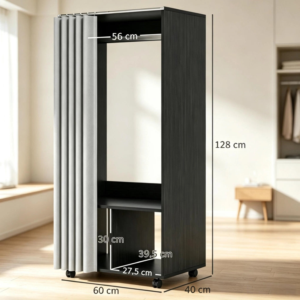 Appendiabiti mobile in pannelli truciolari con tendina opaca, struttura 60x40x128 cm, ideale per organizzare abiti in modo flessibile