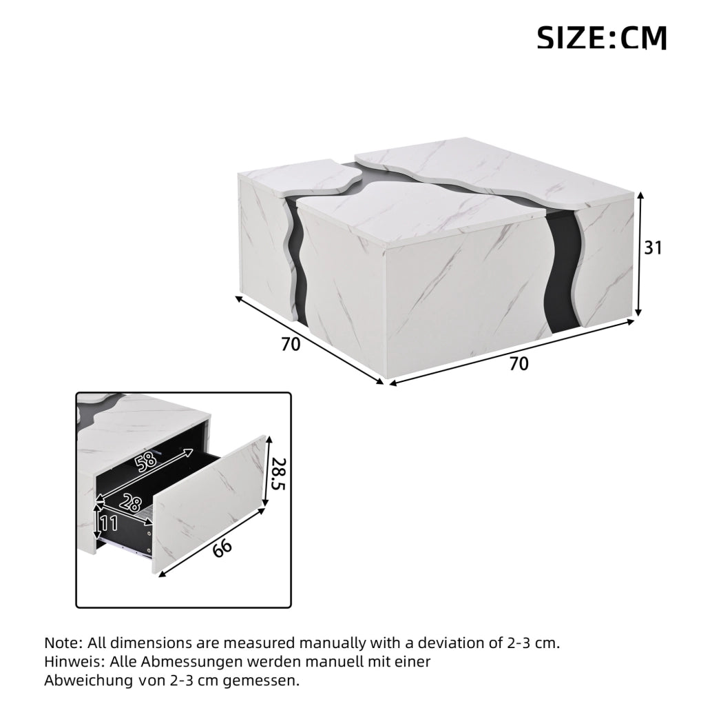 Tavolino da salotto 70x70x31 cm con cassetto in truciolare bianco effetto marmo HOMVRA