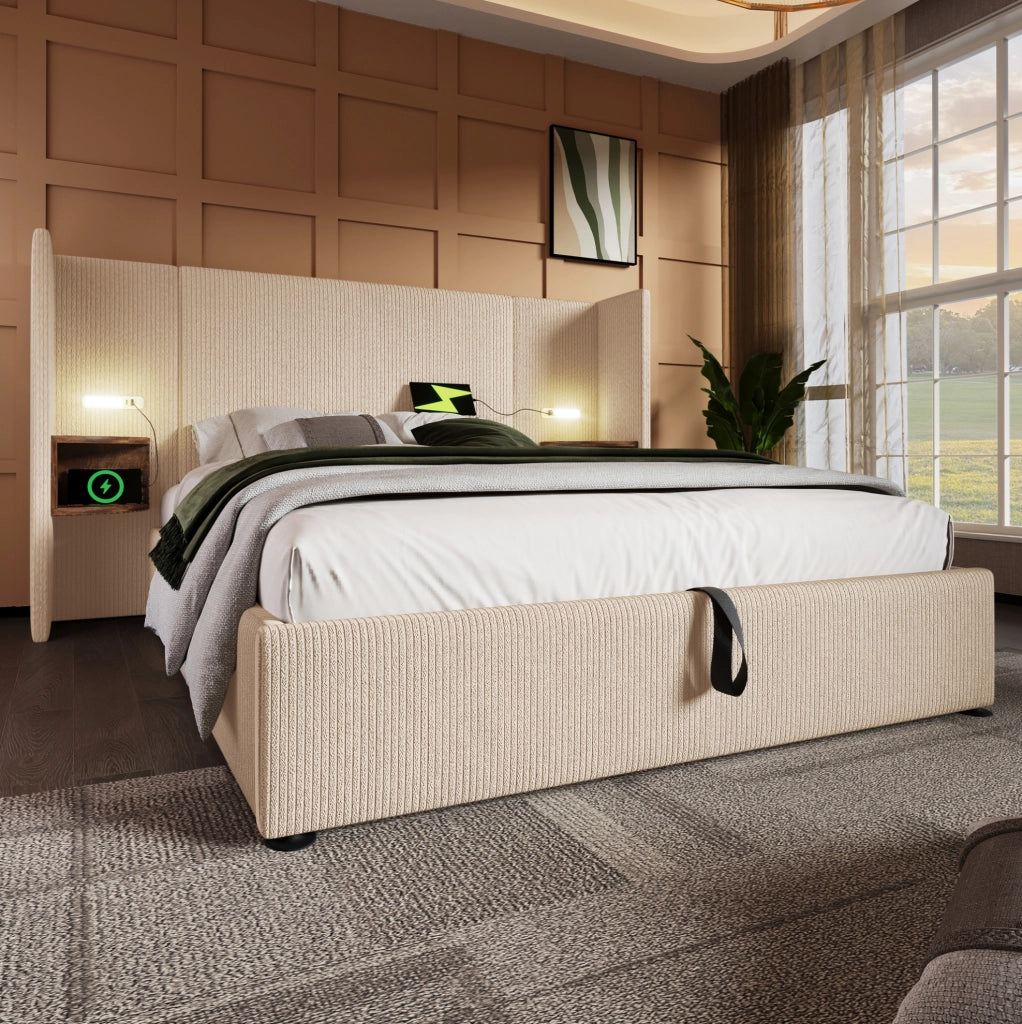Letto contenitore 160x200 cm in tessuto a coste beige con lampada, senza materasso