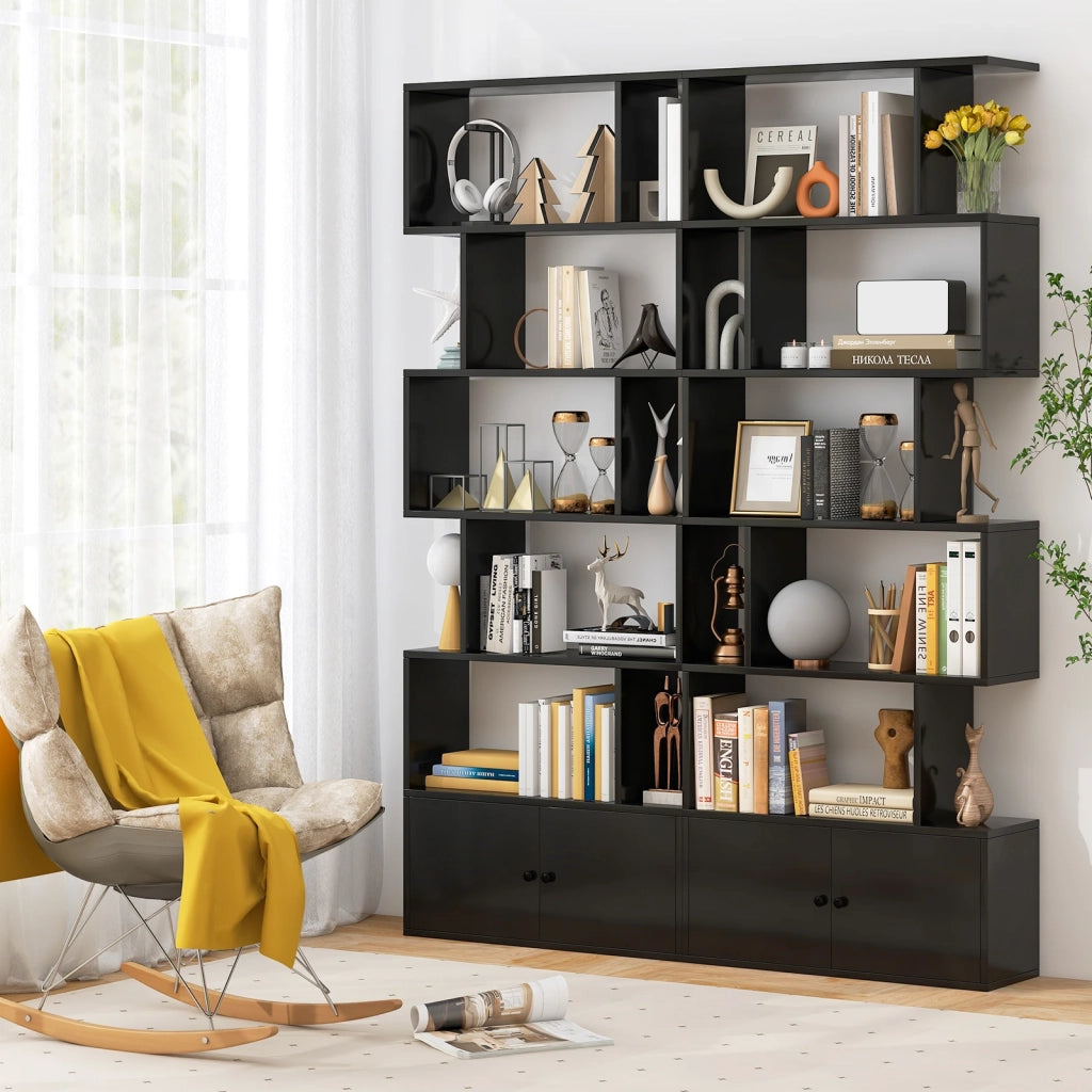 Libreria a 6 ripiani a forma di S con mobiletto ad ante nero, scaffale moderno per soggiorno e ufficio, robusto e facile da montare