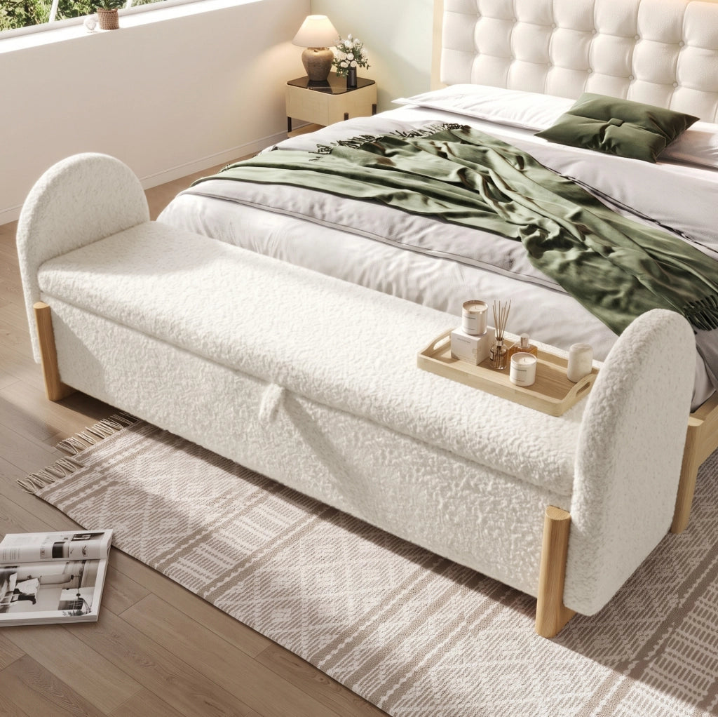 Panca contenitore 146x47x61 cm in boucl¨¦ con MDF e legno massello, bianca