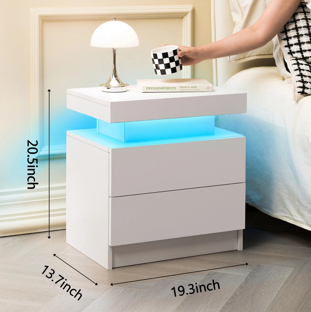 Comodino LED bianco con 2 cassetti e vano a giorno