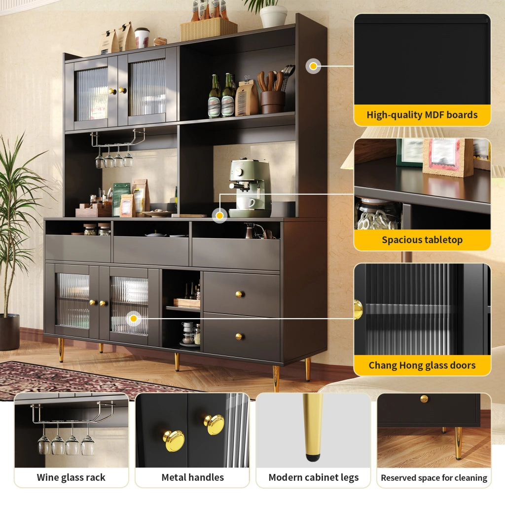 Credenza con ante in vetro Changhong portabottiglie e cassetti in MDF nero per sala da pranzo 145 × 39 × 171 cm