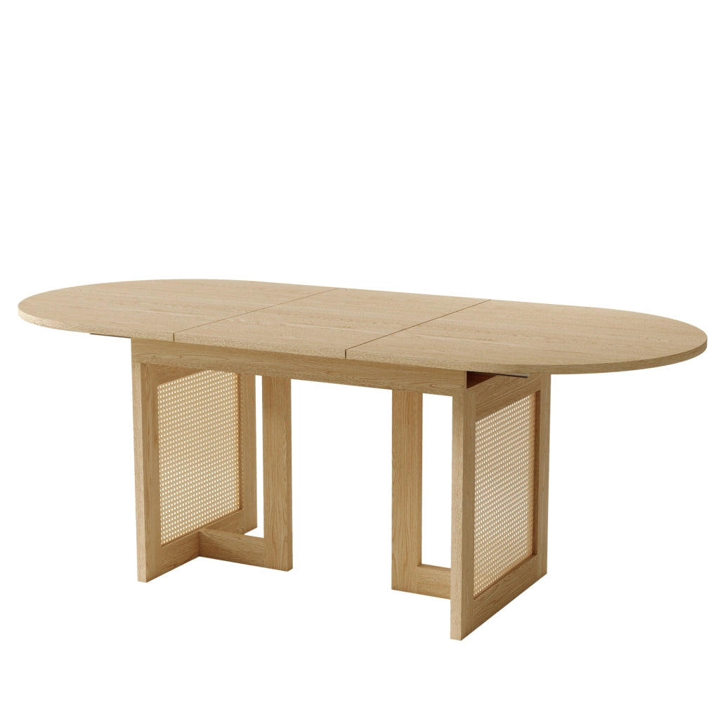 Tavolo da pranzo allungabile 120/160x80 cm con gambe in rattan color quercia, per 6-8 persone, con angoli arrotondati e piano spesso in MDF