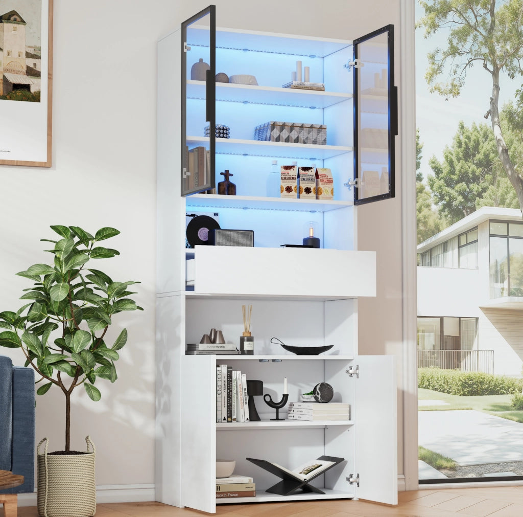 Vetrina verticale 70x30x200 cm con LED; ante in vetro e cassetto; bianca