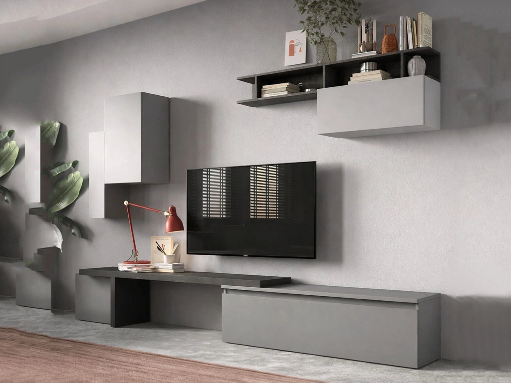 Parete attrezzata Chris, Composizione soggiorno, Mobile salotto multiuso, Armadio porta TV, Made in Italy, 290x40 h210 cm, Ardesia e Grigio