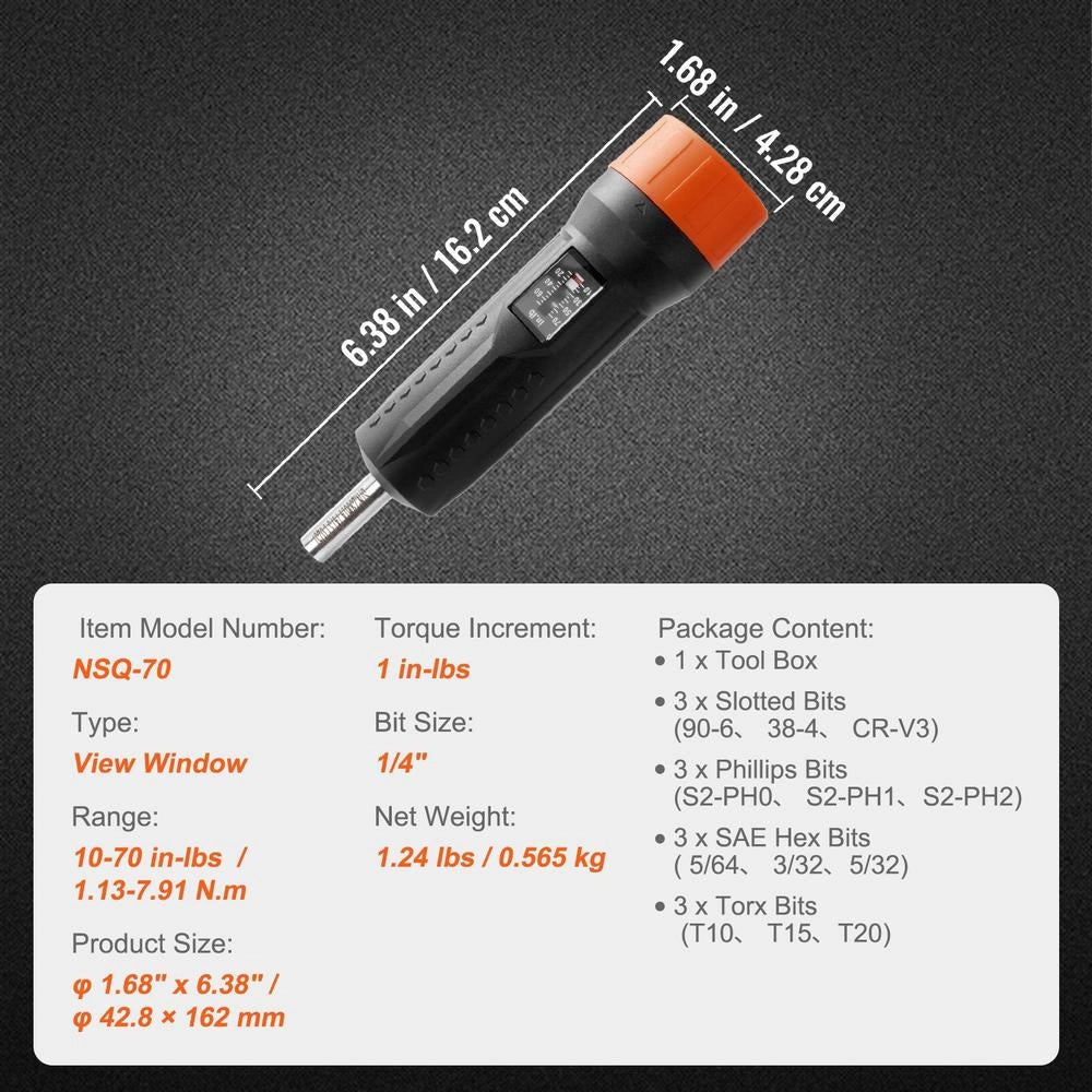 1/4-inch Drive Torque Screwdriver Wrench Set, 1.13–7.91 Nm Torque Adjustment Range, 1 In-lb Increments, Torque Screwdriver, Screwdriver Drill Set With Viewing Window